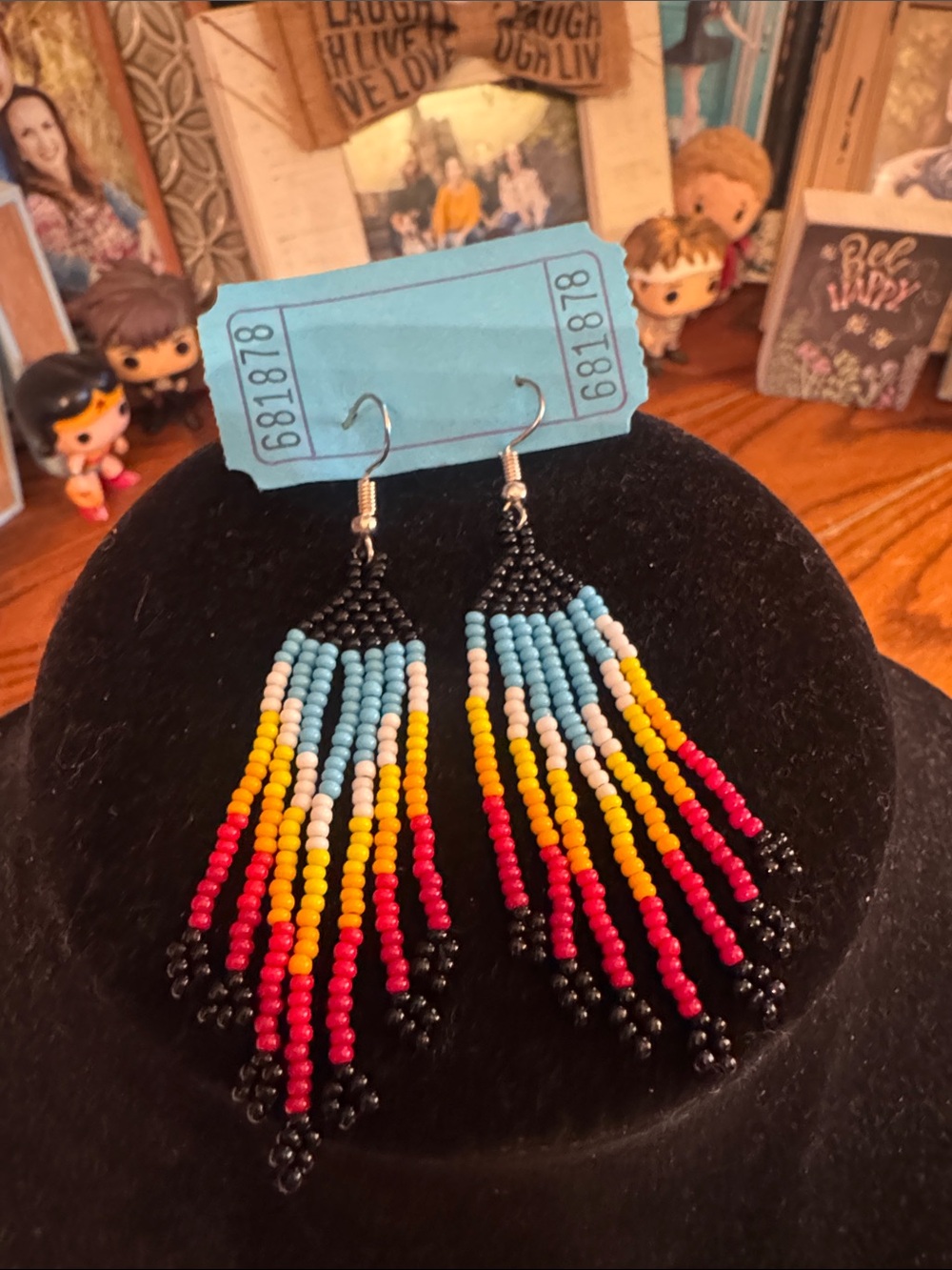 Colorful Fringe Seed Bead Earrings — Black with Red, Yellow & Light Blue